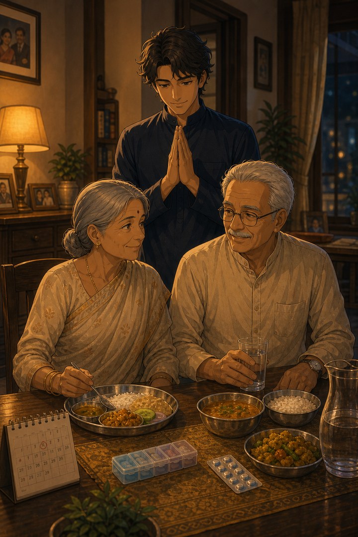 Anime-style Shravan care guide supporting elderly parents at home