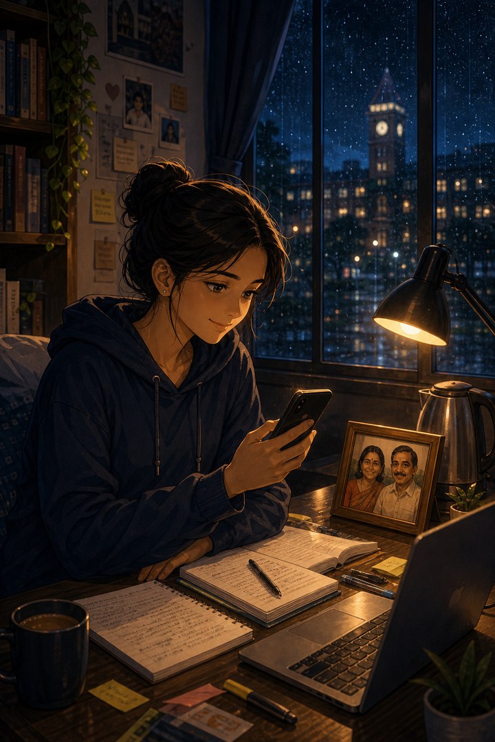 Anime-style college student staying connected with parents from another city