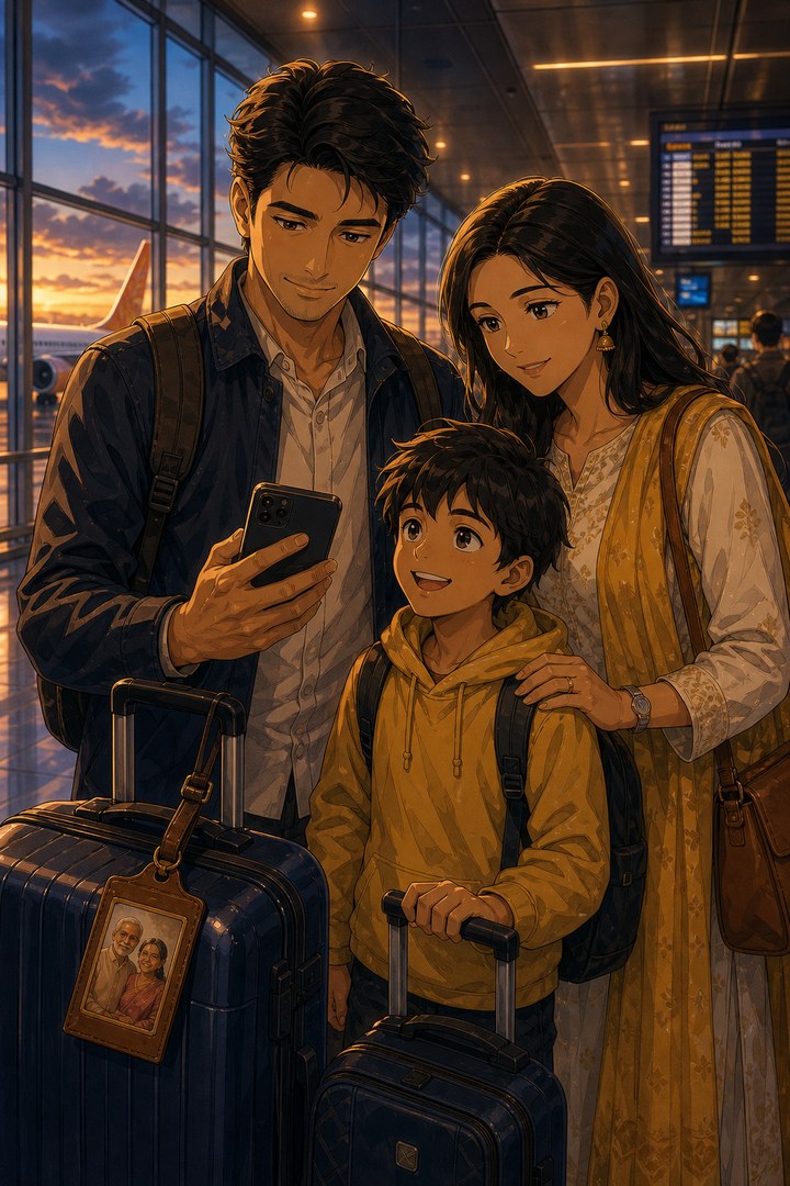 Anime-style family on a trip checking parent care before departure