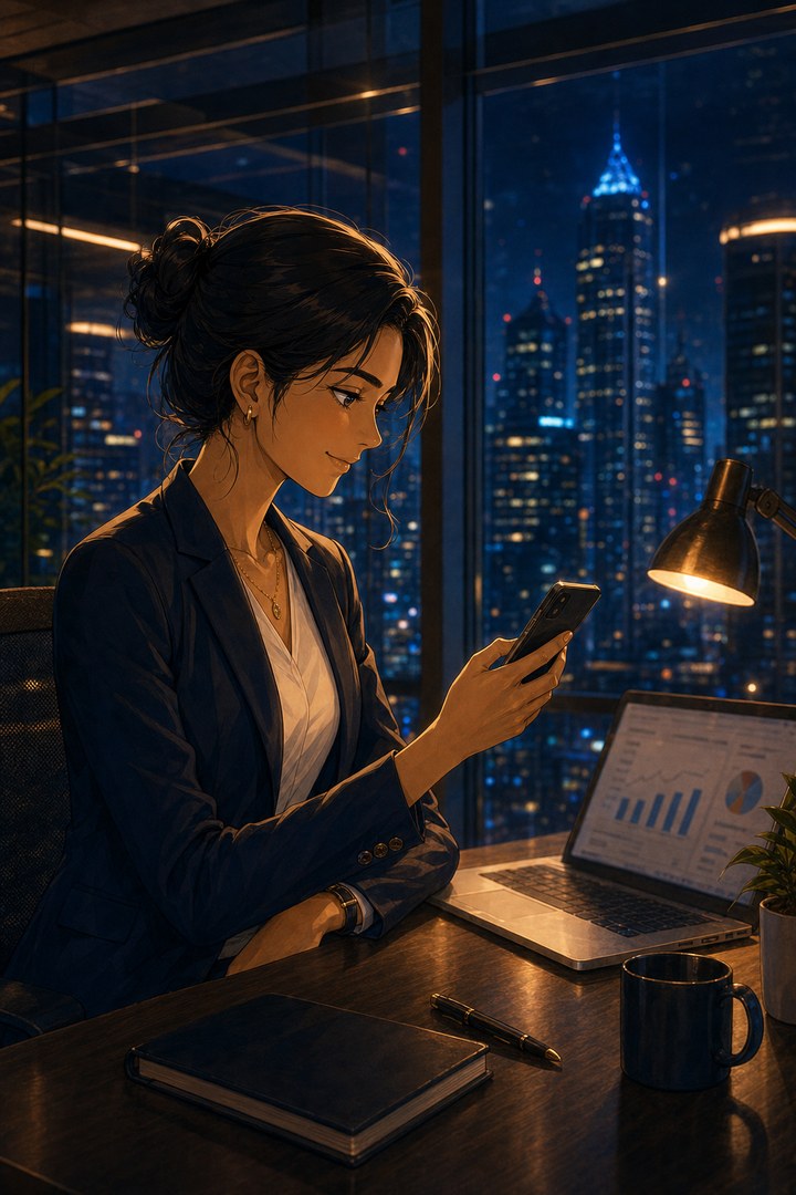 Anime-style working professional receiving a private parent care update