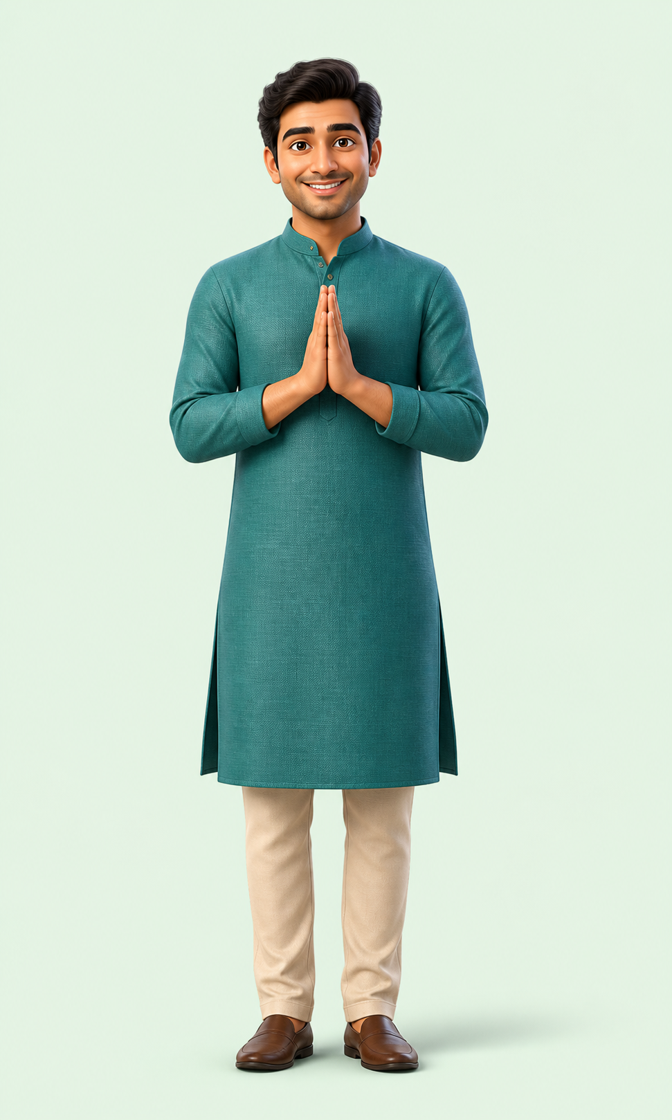 Shravan, a smiling illustrated Indian man greeting you with folded hands